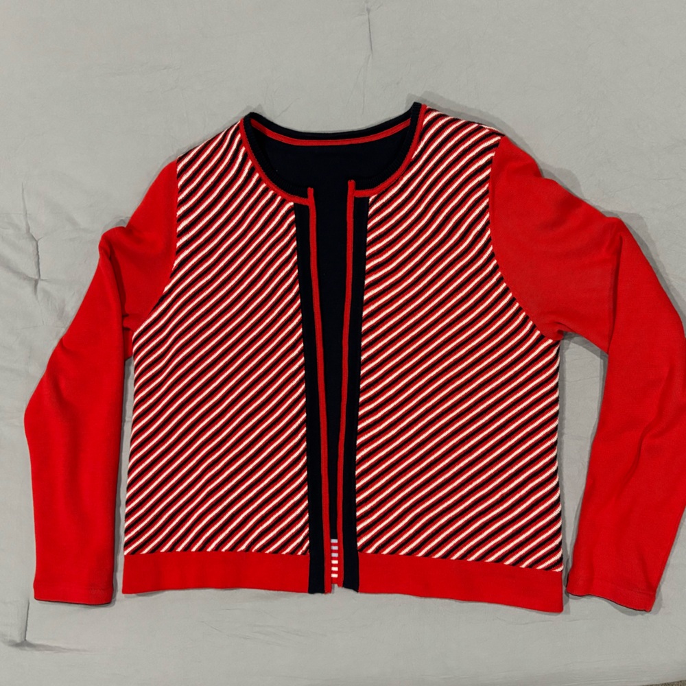 CAbi blue and red striped reversible sweater, size large. Thick soft material. - Picture 7 of 9